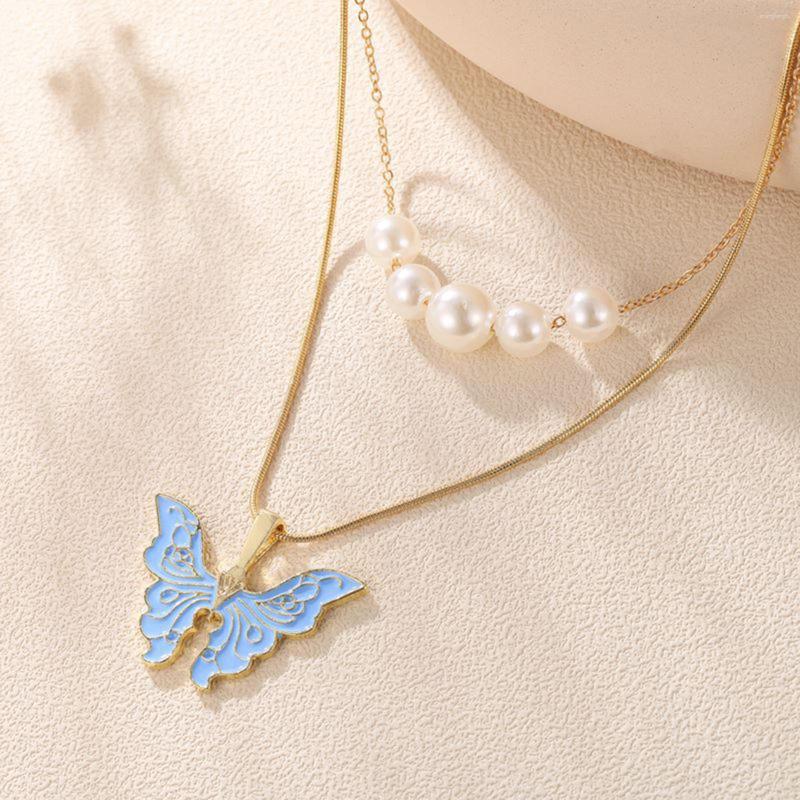 Pendant Necklaces Alloy Butterfly Imitation Pearl Pendants Necklace Multilayer Layered Colorful For Women Party Jewelry Trendy Gift 1 PC