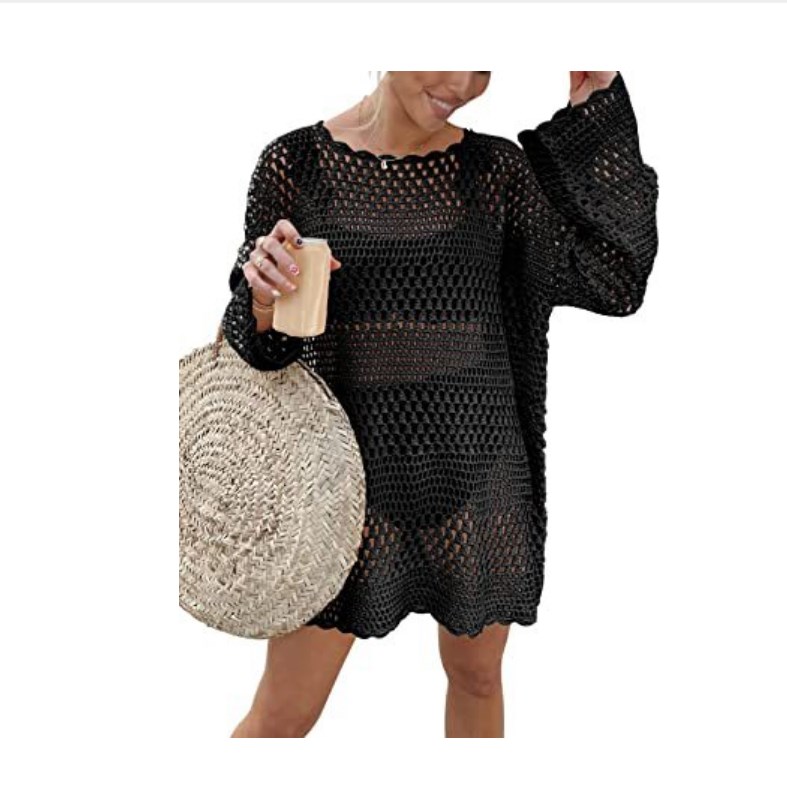 Casual Dresses Knit Dress Crew Neck Hollowed Out Crochet Loose Casual Long Sleeves Sweater Mini Dress