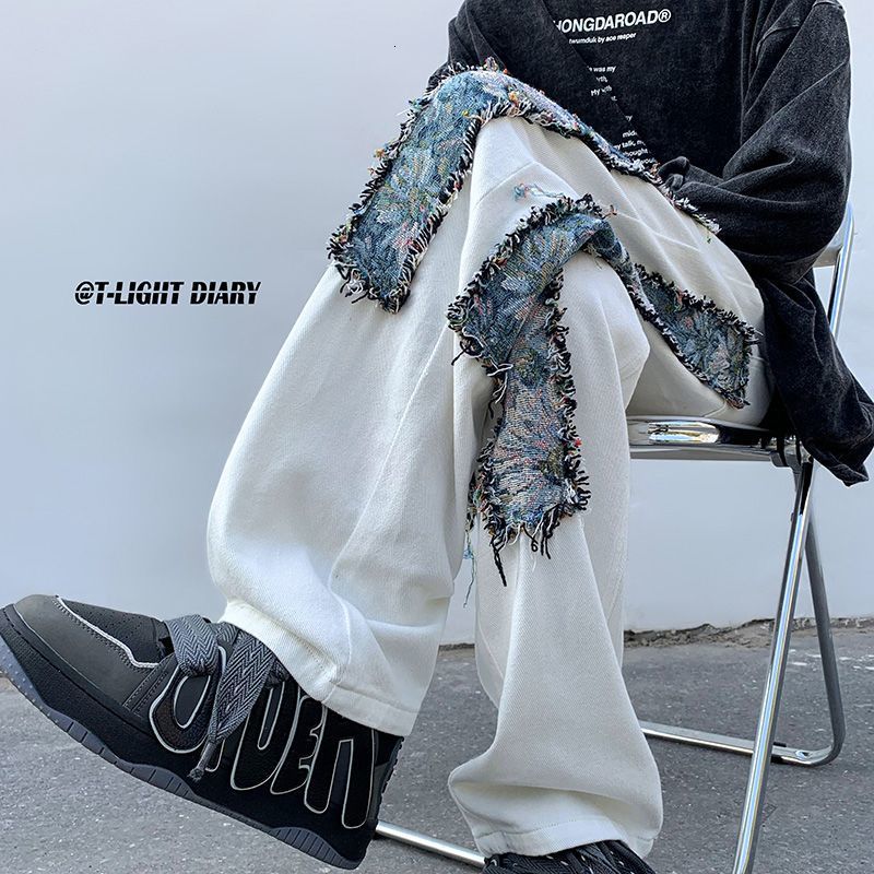 Men s Jeans Loose Trendy Retro Trousers Patch Raw Edge Versatile High Street Straight Leg Mopping 230629