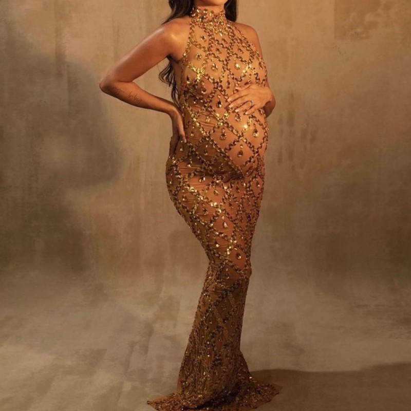 Maternity Dresses Sexy Maternity Pography Dress Perspective Turtleneck Dress Sleeveless Sequined Skinny Dress Baby Shower Dress 230628