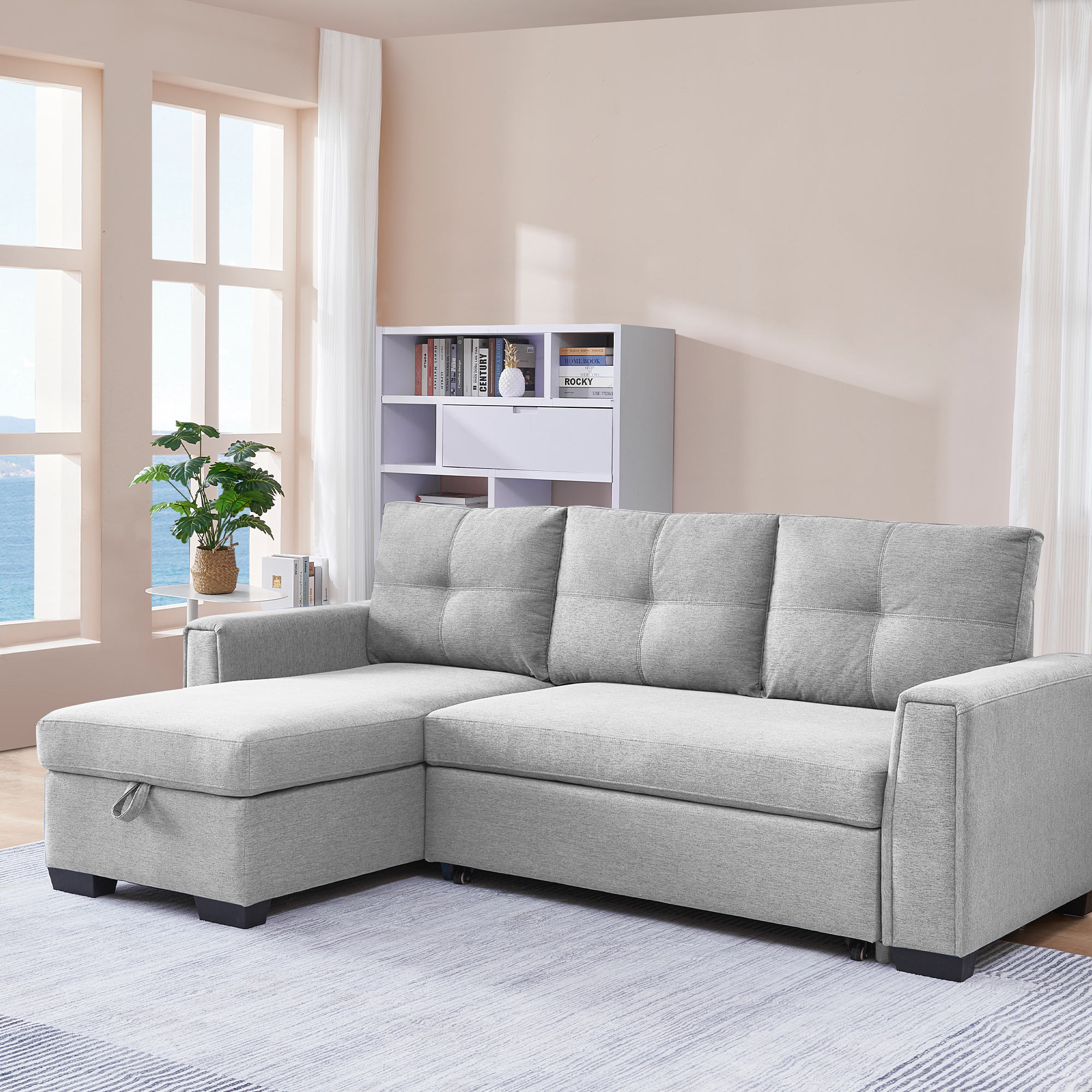 917 Inches Fabric Convertible Reversible Sleeper Sectional Sofa Couch with Storage Chaise Pull-Out Sleeper Bed L-Shape 3-Seater for Living Room Beige 