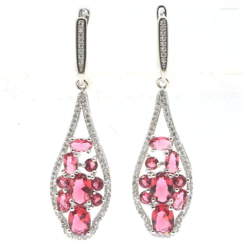 

Dangle Earrings 50x13mm Elegant Pink Raspberry Rhodolite Garnet Smoky Topaz White CZ Women Gift Silver