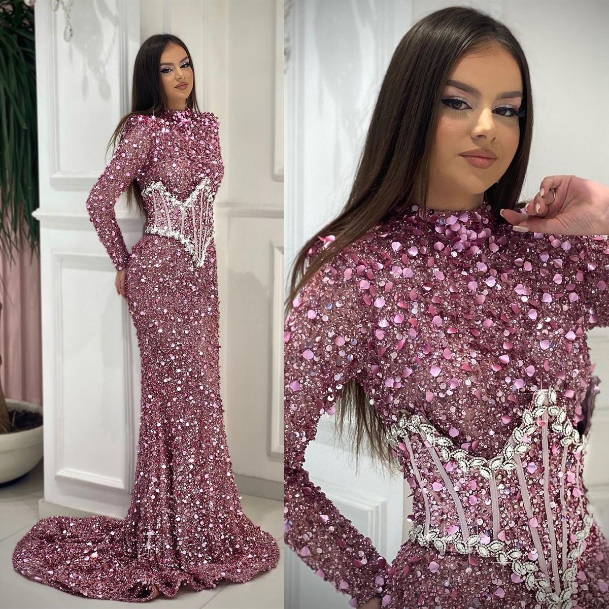 Sparkling Sequined Mermaid Prom Dresses High Neck Sequins Beaded Long Sleeve Party Evening Dress Celebrity Custom Made, Black
Sparkling Sequined Mermaid Prom Dresses High Neck Sequins Beaded Long Sleeve Party Evening Dress Celebrity Custom Made, Black