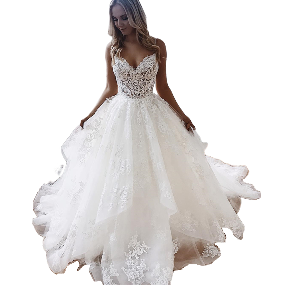 Spaghetti Straps Beach Boho Wedding Dresses Sexy Backless A Line Long Tulle Bridal Gowns Court Train Lace Appliques Bride Dress 2023
