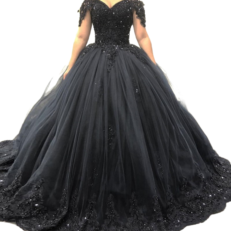 Gothic Black Tulle Wedding Dresses Lace Appliques Beaded Long Plus Size Bridal Ball Gown Vestido De Novia Off The Shoulder Floor Length Princess Vinta