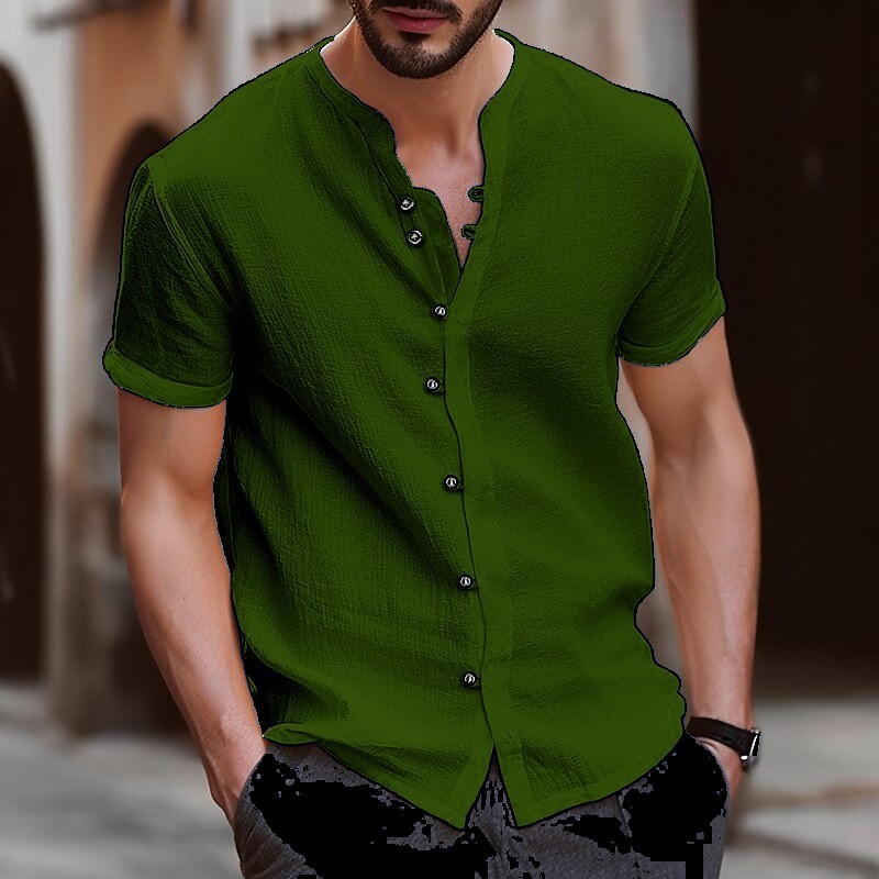 Men's Dress Shirts Retro Style Summer Casual Cotton Linen Shirt Mock Neck Solid VNeck Short Sleeve Loose Top Handsome US Size 230628