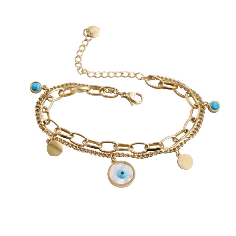Double Layered White Shell Evil Eye Charm Bracelet Jewelry for Women Gift