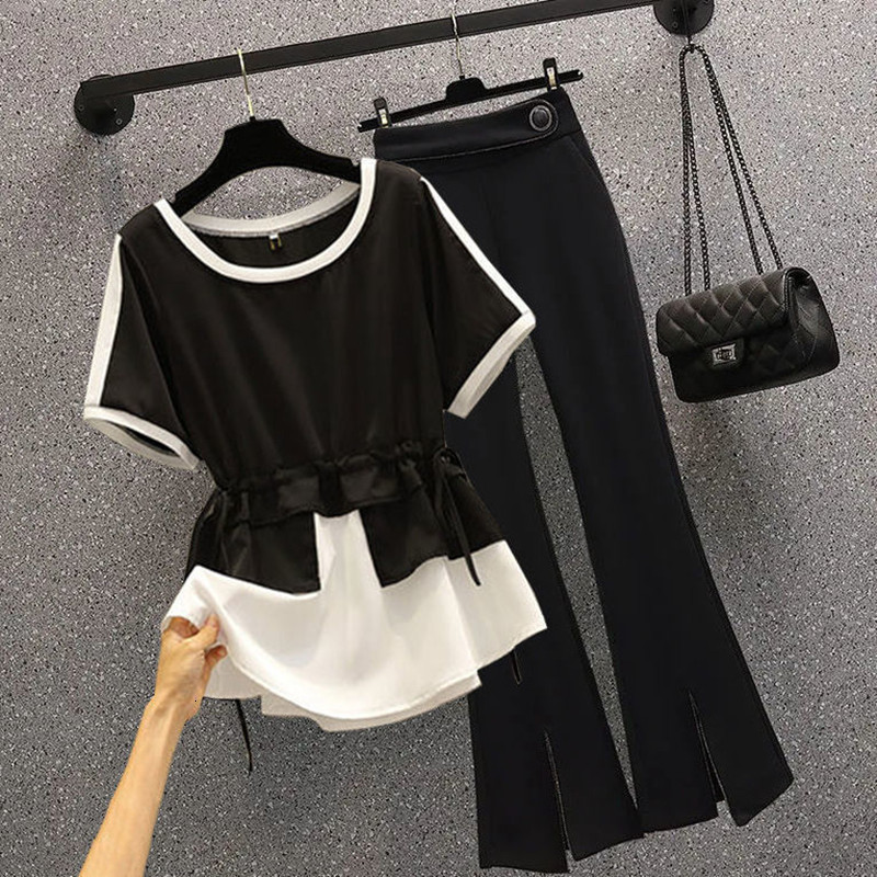 Women s Tracksuits 2023 Summer Elegant Pants Set Fashion Stitching Chiffon Shirt Wide Leg Two piece Female Blazer Blouse 230629