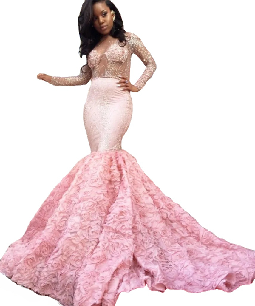 Beautiful Pink Prom Dresses Mermaid Long Sleeve See Through Neckline Flower Sparkly Crystal African Latest Evening Gowns
Beautiful Pink Prom Dresses Mermaid Long Sleeve See Through Neckline Flower Sparkly Crystal African Latest Evening Gowns