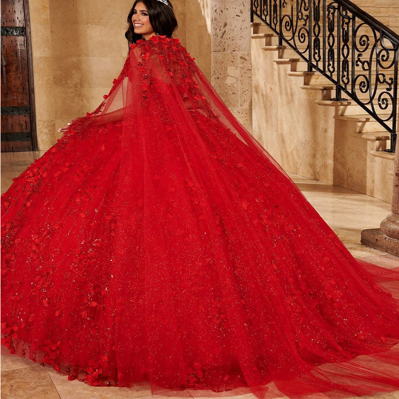 Shiny Red Quinceanera Dresses with Cape 3D Flower Appliques Vestidos De 15 Anos Sweetheart Ball Gown Junior Girls Birthday Party Dress