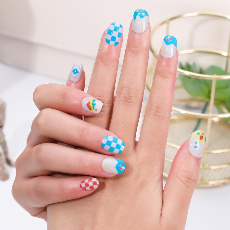False Nails DUNFULI Cartoon Rainbow Blue Grid Pattern Oval Fake Girl Child Fingernail Decoration Press On Nail Tips Reusable
False Nails DUNFULI Cartoon Rainbow Blue Grid Pattern Oval Fake Girl Child Fingernail Decoration Press On Nail Tips Reusable