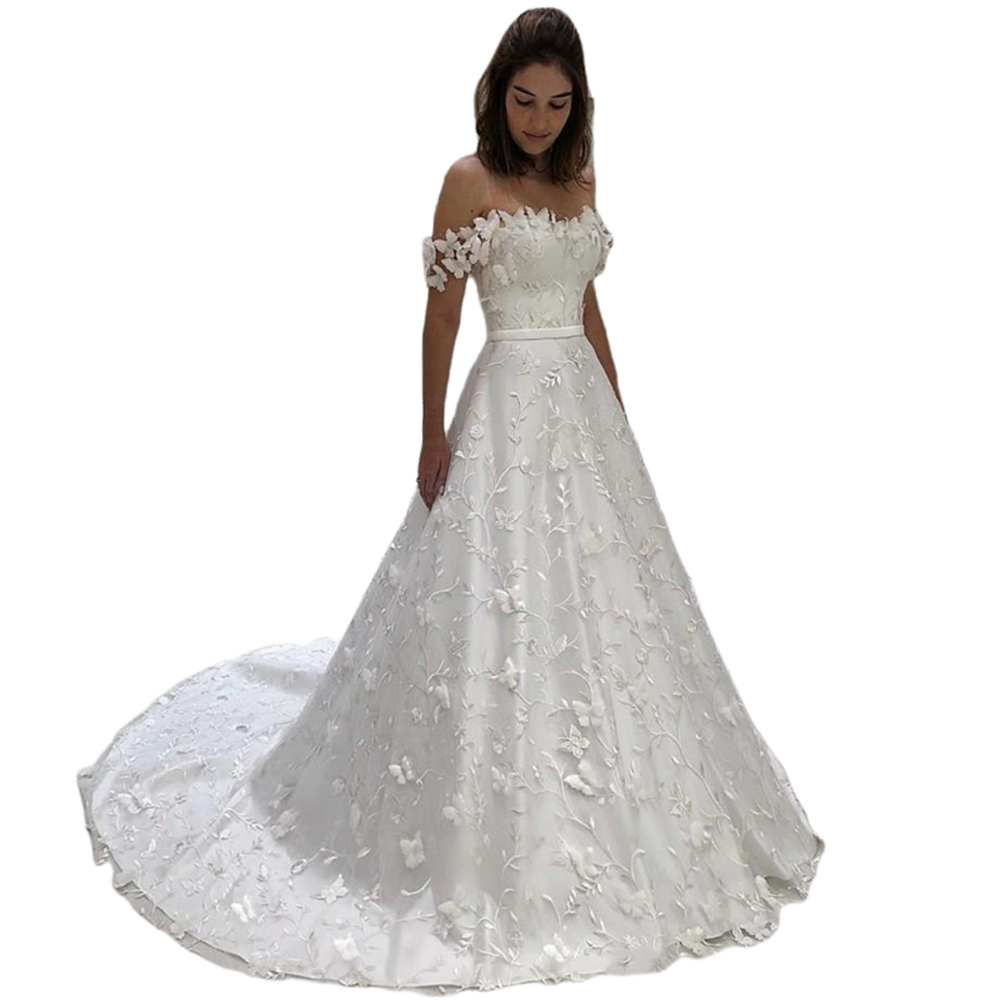 Romantic Butterfly Lace A Line Wedding Dresses Off The Shoulder Sleeveless Satin Garden Bridal Gowns Long Robe De Mariage 2023