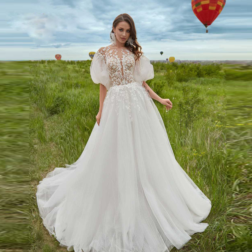 Exquisite Puffy Sleeve A Line Wedding Dresses Jewel Neck Lace Appliques Bridal Gown Bohemian Sweep Train Robe De Mariee