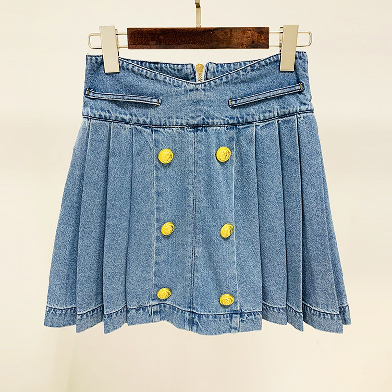 2023 New European and American Stars Fashion Double breasted Lion Button Pressed pleated 100 pleated Wash Water Denim Half Skirt Short Skirt, Blue 
2023 New European and American Stars Fashion Double breasted Lion Button Pressed pleated 100 pleated Wash Water Denim Half Skirt Short Skirt, Blue
