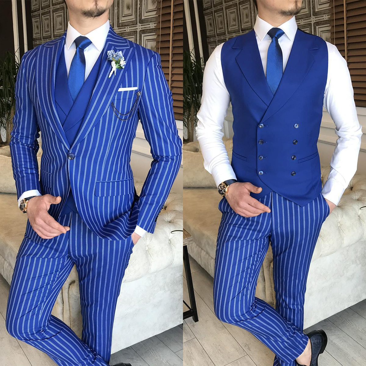 2023 Stripe Men Groom Tuxedos Slim Fit Peaked Lapel Business Formal Tuxedo Professional Grooms Wedding Dress Suit 3 Pieces Blazer Pants Vest Costume H