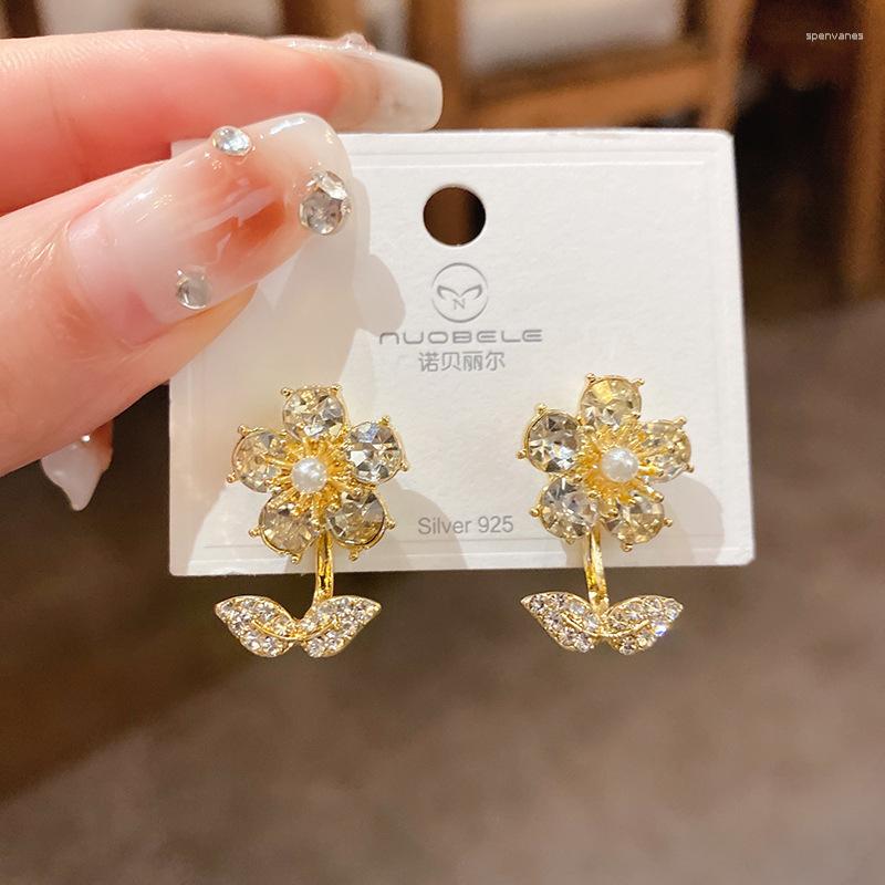 Stud Earrings Lovely Flower Golden Metal Crystal For Women Girls Party Plant Zircon 2023 Fashion Jewelry