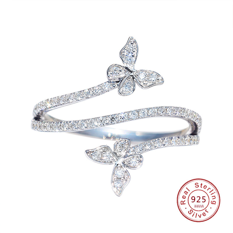 With Side Stones Fashion Double Butterfly Ring for Women Silver Clear Zircon Lab Diamond Wedding Engagement Gift Jewelry Wholesale 230629