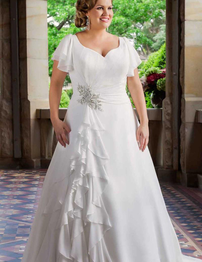 New Plus Size Wedding Dresses Short Sleeve V Neck Beaded Ruffles Chiffon A e Bridal Gowns Lace up Back Custom Made