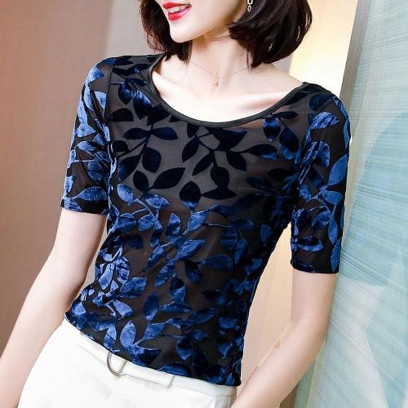 

Women's T Shirts Summer Gauze Spliced Pullovers Fashion Plant Flocking 2023 Female Clothing Round Neck Casual Half Sleeve All-match Slim, Blue
