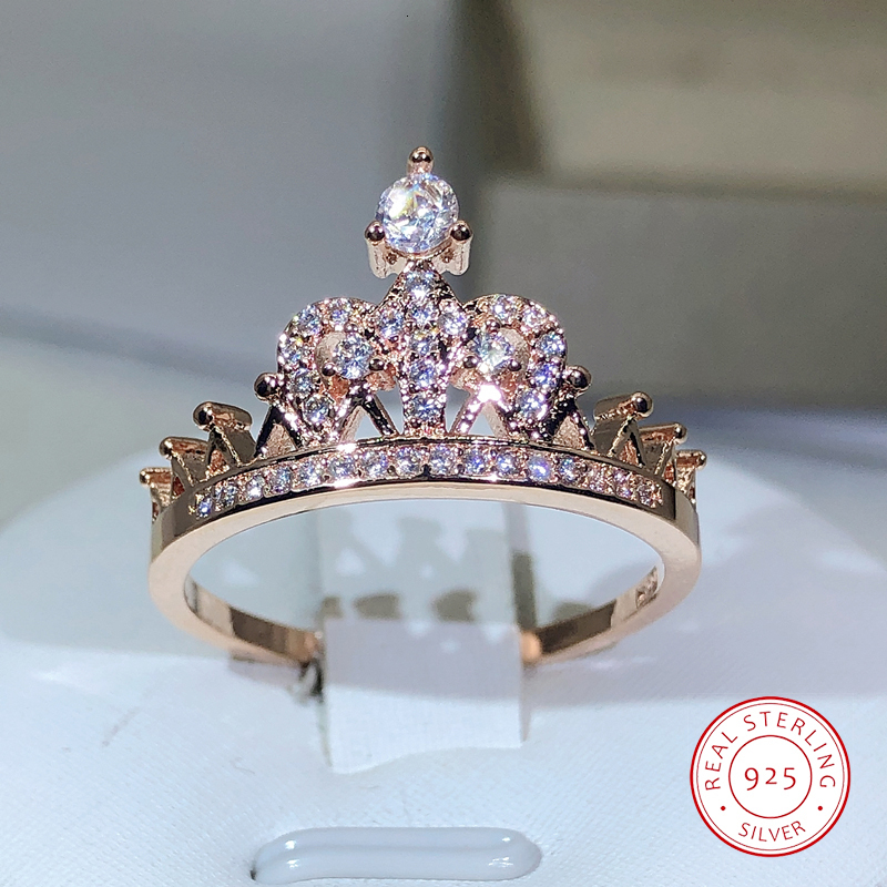 With Side Stones 925 Silver Exquisite Princess Crown Ring For Ladies Rose Gold Zircon Engagement Birthday Jewelry Gift 230629