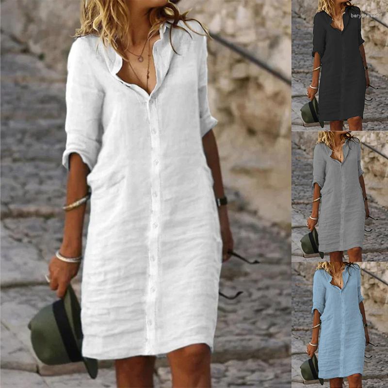 Casual Dresses Women's Summer Loose Lapel Button Half Sleeve Solid Color Cotton And Linen Shirt Dress Vintage Cardigan Knee-Length