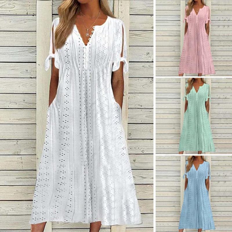 Casual Dresses Women Summer Dress Solid Color Hollow Out Lady Midi Chic Short Sleeves V Neck Buttons A-line Pockets, Blue
Casual Dresses Women Summer Dress Solid Color Hollow Out Lady Midi Chic Short Sleeves V Neck Buttons A-line Pockets, Blue