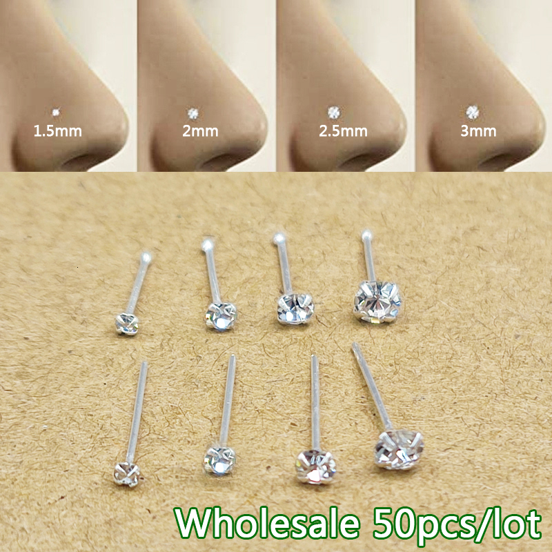 Nose Rings Studs 50pcslot Pin Piercing 925 Sterling Silver 15mm 2mm 25mm m Round Clear Crystal nariz Jewelry 230628