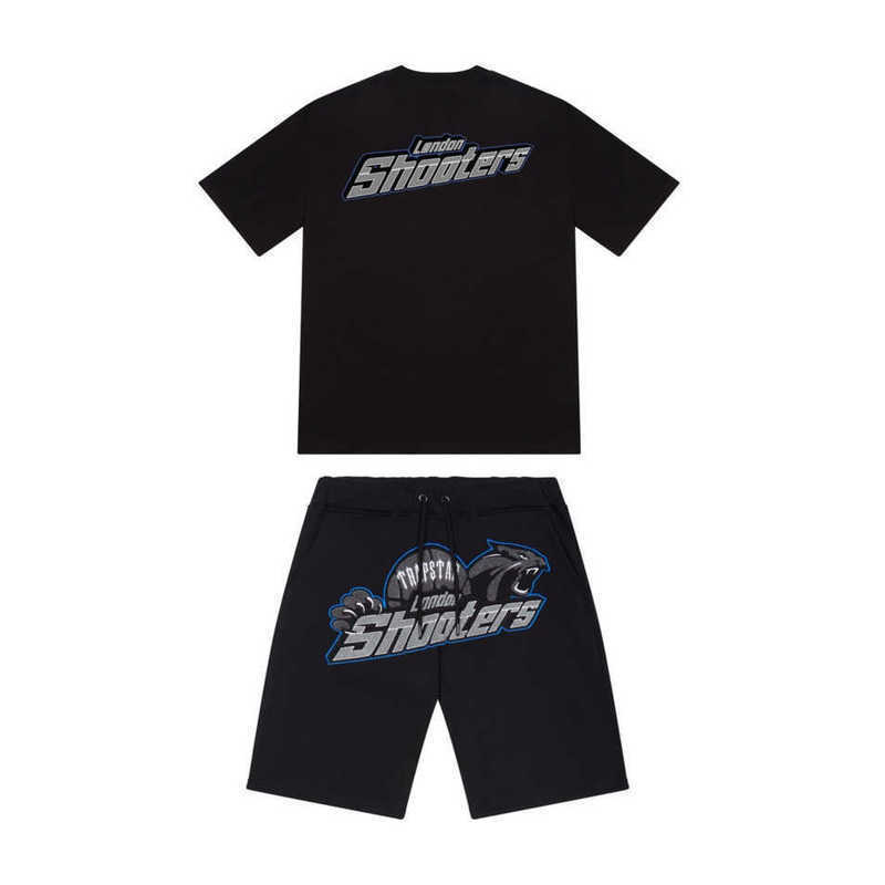 

Summer New Trapstar London Shooter Short-sleeved t Shirt Suit Chenille Decoding Black Ice Flavor Motion Current Round Neck T-shirt Shorts 38essyq1c, Black suit 1