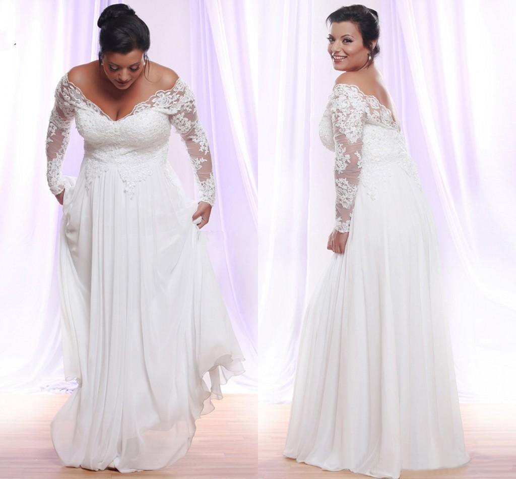 Long Sleeves Plus Size Wedding Dresses With Deep V-neck Applique Beach country Wedding Gowns Off The Shoulder Bridal Gowns Vestido De Novia