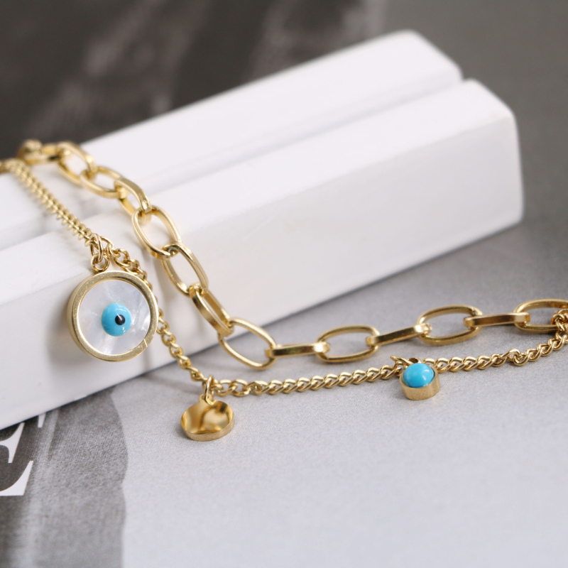 Double Layered White Shell Evil Eye Charm Bracelet Jewelry for Women Gift
