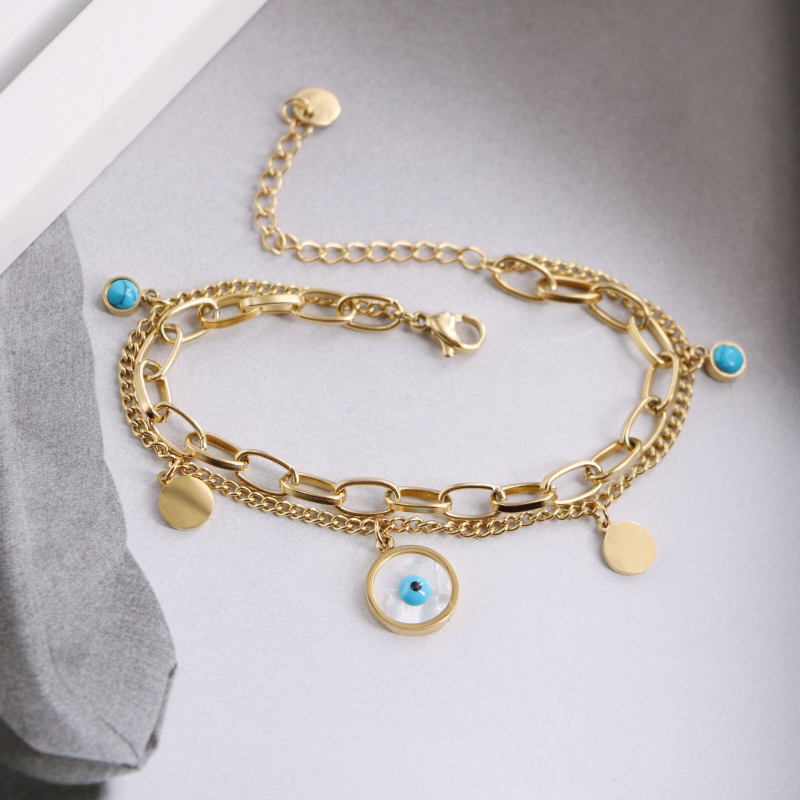 Double Layered White Shell Evil Eye Charm Bracelet Jewelry for Women Gift