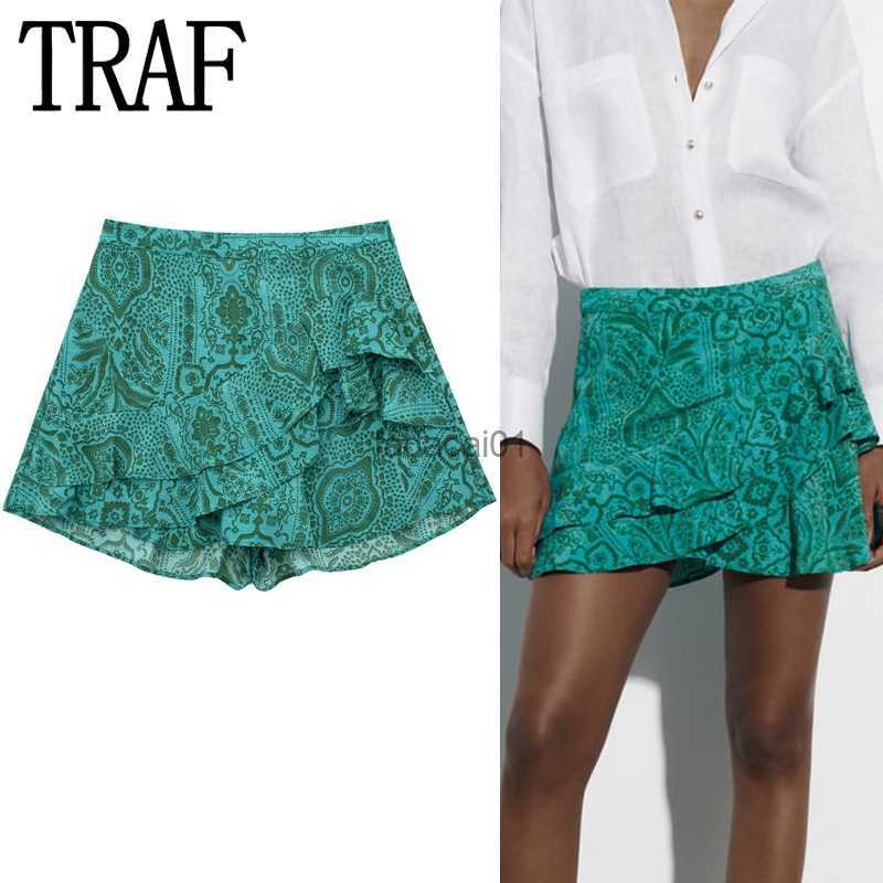 

TRAF Green Print Skorts For Women Ruffle Mini Skirt Shorts Woman Fashion 2023 High Waist Short Skirts Vintage Summer Skirt L230621, Print skort