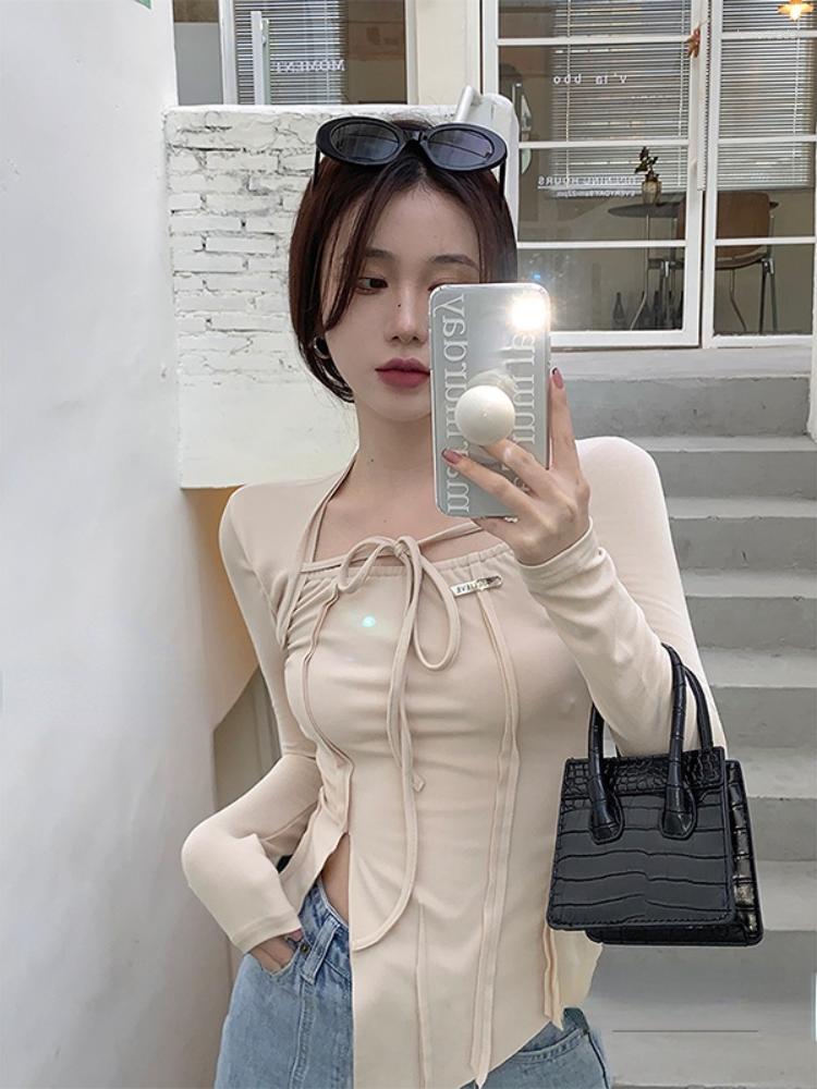 Women' T Shirts 2023 Spring Y2k Aesthetic Basic All Match T-shirts Bandage Irregular Split Solid Tees Women Streetwear Slim-fit Long Sleeve, Apricot
Women' T Shirts 2023 Spring Y2k Aesthetic Basic All Match T-shirts Bandage Irregular Split Solid Tees Women Streetwear Slim-fit Long Sleeve, Apricot