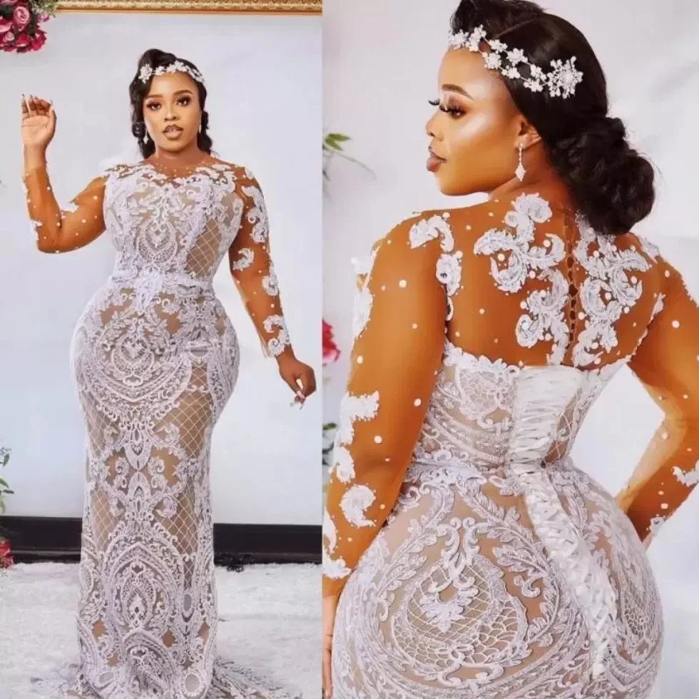 Aso Ebi Champagne Mermaid Wedding Dresses Bridal Gowns Jewel Neck Long Sleeves White Lace Appliques Beads Corset Back Plus Size Robe
