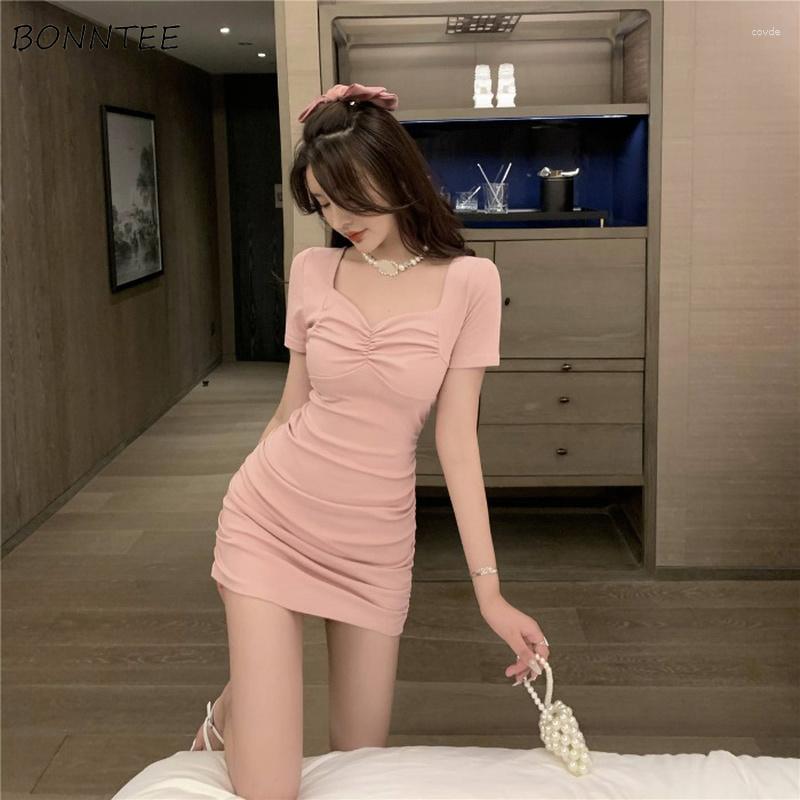 

Casual Dresses Short Sleeve Dress Folds Solid Square Collar Design Sexy Sweet Gentle Tender Cozy Basic All-match Fashion Korean Ulzzang, Black