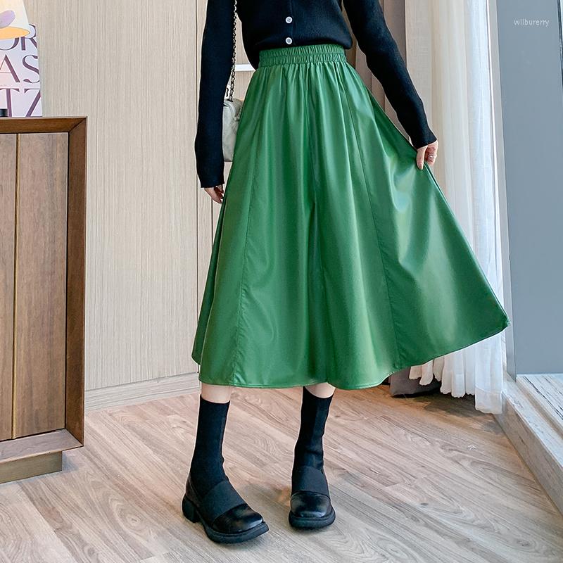 Skirts 2023 Arrival Autumn Korean Style Women Casual A-line Mid-calf Skirt All-matched Loose Elastic Waist PU V853, Black