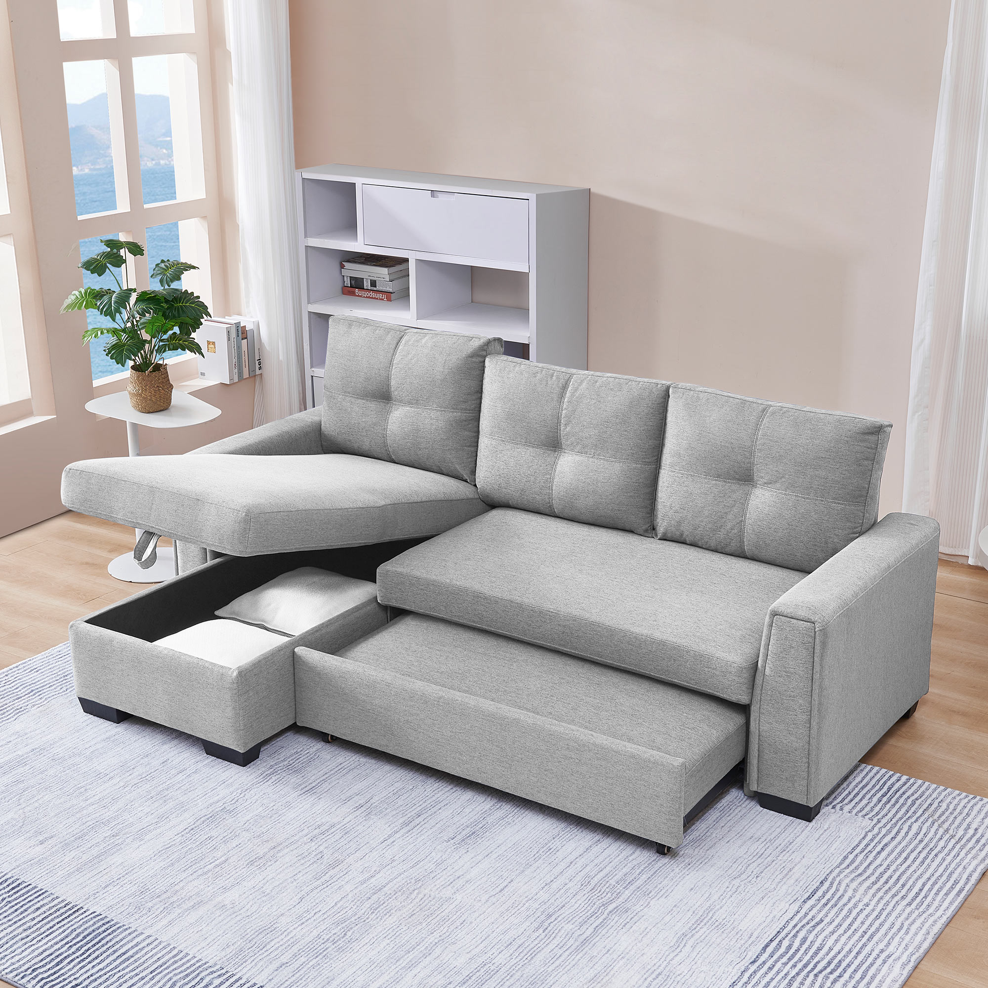917 Inches Fabric Convertible Reversible Sleeper Sectional Sofa Couch with Storage Chaise Pull-Out Sleeper Bed L-Shape 3-Seater for Living Room Beige 