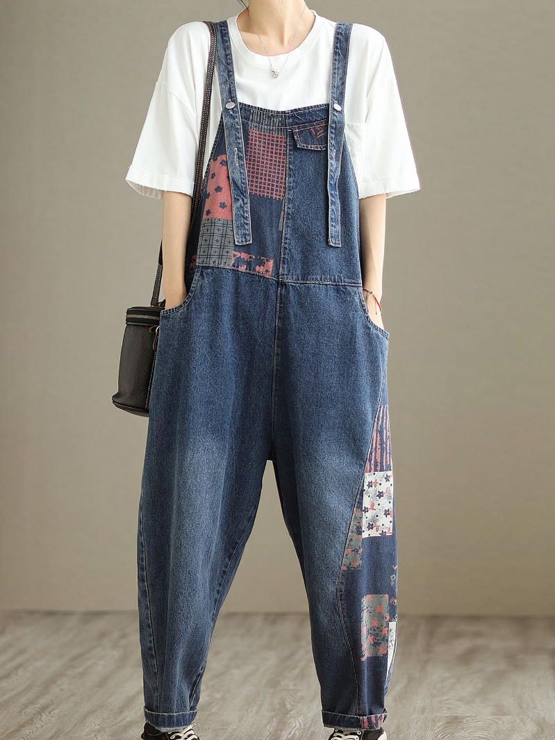 New Vintage Denim Patchwork Overalls Women's Summer Fashion Printing Splicing Streetwear Ankle-length Pants One-piece, Blue
New Vintage Denim Patchwork Overalls Women's Summer Fashion Printing Splicing Streetwear Ankle-length Pants One-piece, Blue