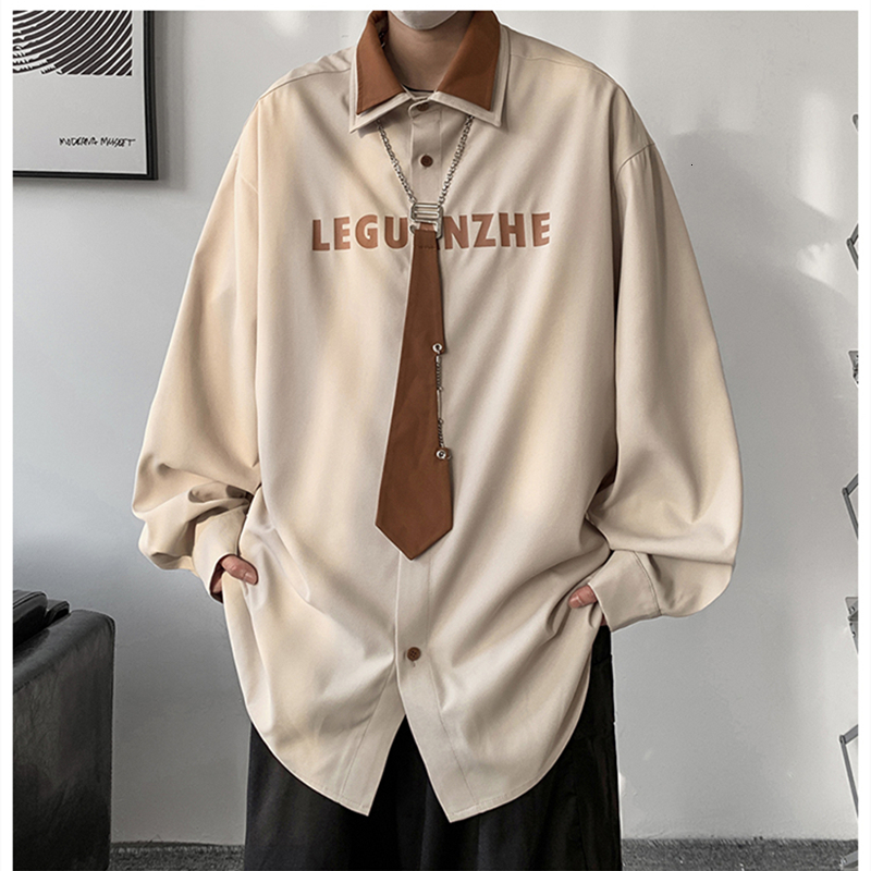 Men s Dress Shirts Korean Long sleeved Men Comfortable Blouses Casual Loose College Style Couple Single Breasted Shirt with Chain Tie 230629