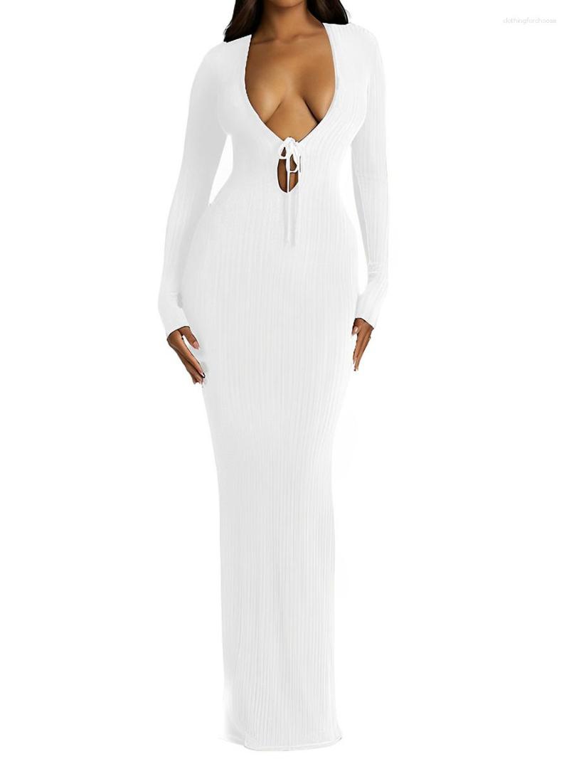 

Casual Dresses Elegant And Alluring Louatui Women  Deep V-Neck With Low-Cut Tie-Up Long Sleeves - Perfect For Evening Parties, White