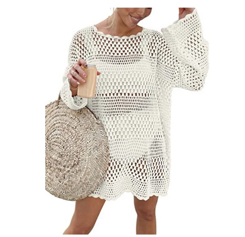 Casual Dresses Knit Dress Crew Neck Hollowed Out Crochet Loose Casual Long Sleeves Sweater Mini Dress