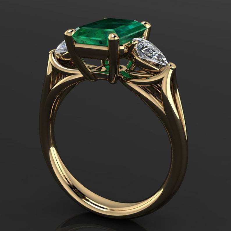 With Side Stones 14k Gold Jewelry Green Emerald Ring for Women Bague Diamant Bizuteria Anillos De Pure Gemstone Females 230629