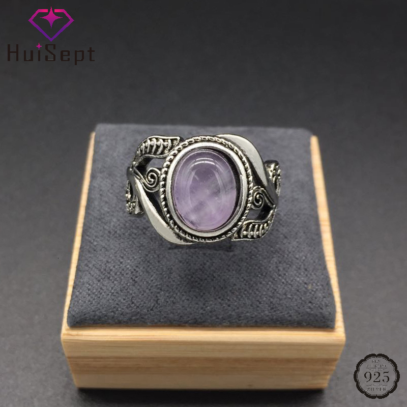 With Side Stones HuiSept Vintage 925 Silver Ring Amethyst Gemstone Flower Shaped Fashion Jewellery Rings for Female Wedding Party Gift Wholesale 23062