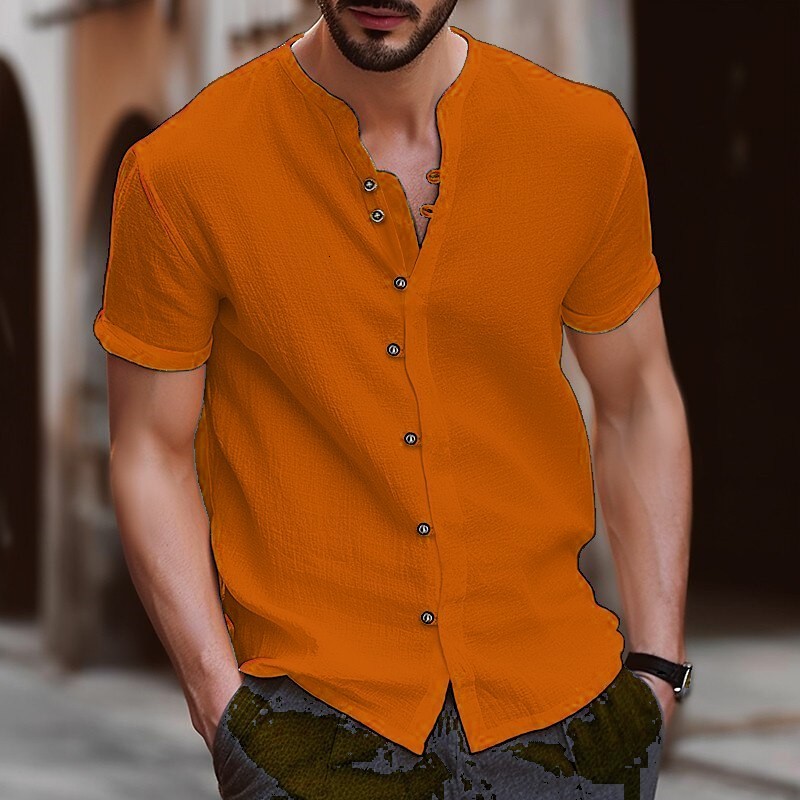 Men's Dress Shirts Retro Style Summer Casual Cotton Linen Shirt Mock Neck Solid VNeck Short Sleeve Loose Top Handsome US Size 230628