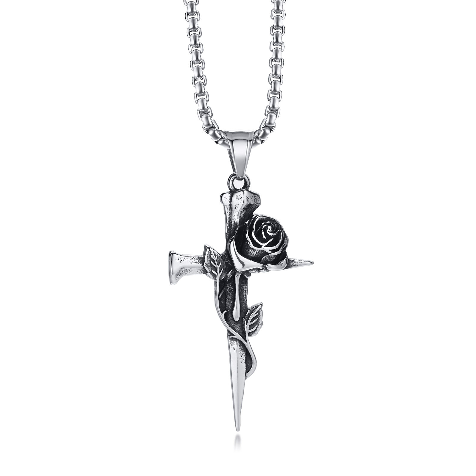 Stainless Steel Rose Cross Necklace Genderless Necklace Jewelry Vintage Style Necklace Pendant Accessories For Men Women Gifts Dropshipping Wholesale 