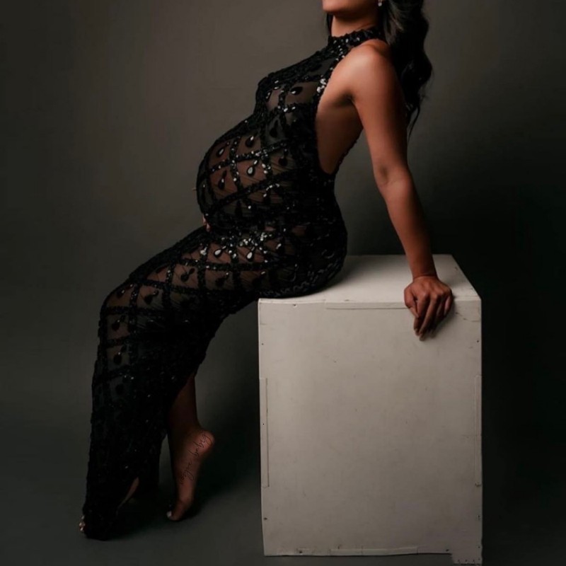 Maternity Dresses Sexy Maternity Pography Dress Perspective Turtleneck Dress Sleeveless Sequined Skinny Dress Baby Shower Dress 230628