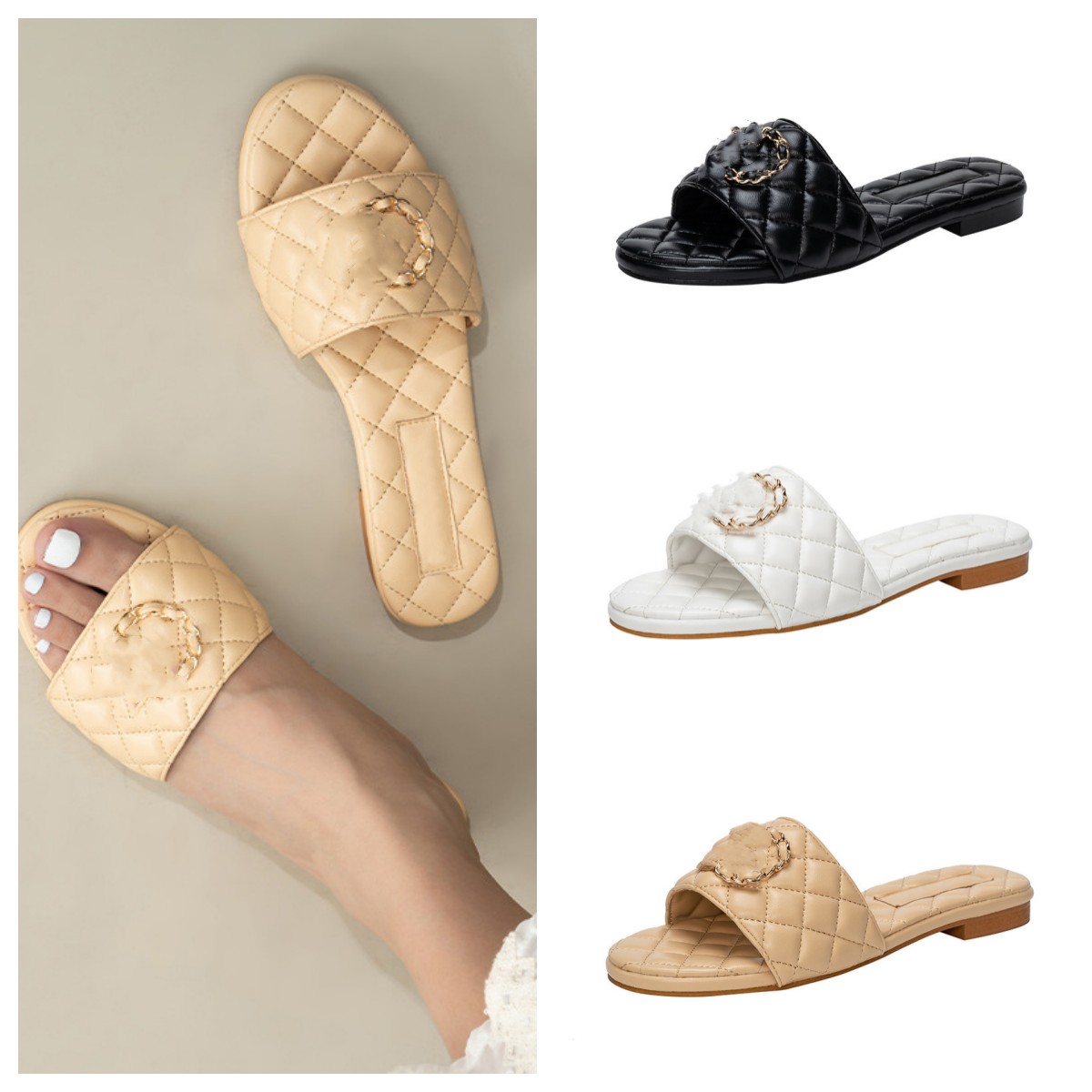 36-42 Women Size Quilted Chain Slippers Two C logo Flat mules Sandal Paris Fashion CHANNEL Gold Interlocking C Slides sandals Ladies buckle pool Flip Flops, 2305pd14-2
36-42 Women Size Quilted Chain Slippers Two C logo Flat mules Sandal Paris Fashion CHANNEL Gold Interlocking C Slides sandals Ladies buckle pool Flip Flops, 2305pd14-2