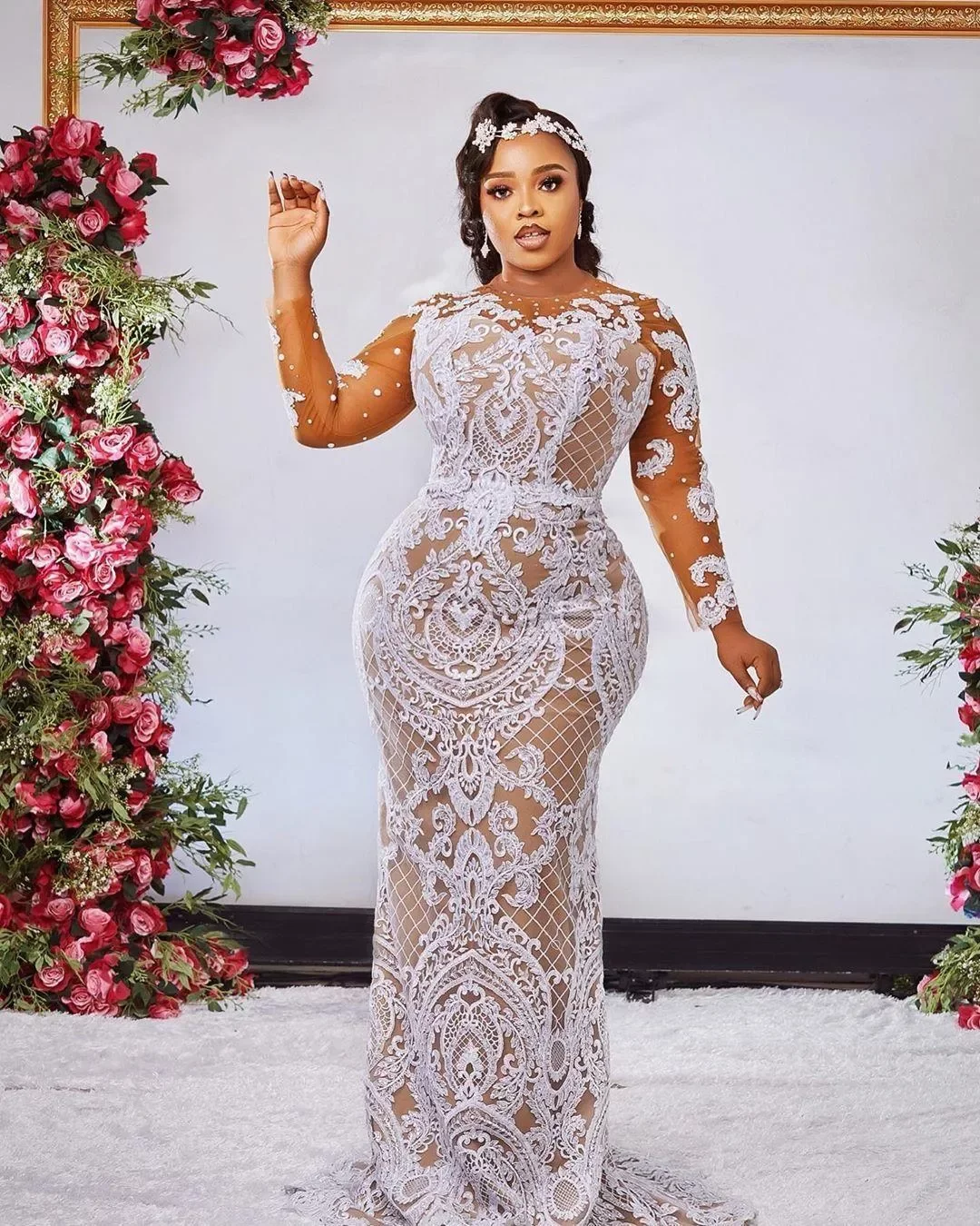 Aso Ebi Champagne Mermaid Wedding Dresses Bridal Gowns Jewel Neck Long Sleeves White Lace Appliques Beads Corset Back Plus Size Robe