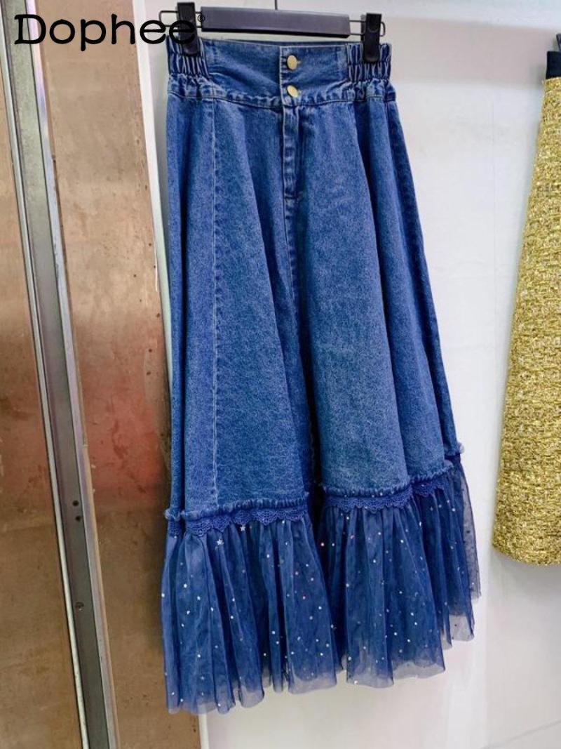 Skirts Spring Summer Mid-Length Denim Skirt High Waist Slimming Pleated Female Elastic Hem Lace Patchwork Long, Blue
Skirts Spring Summer Mid-Length Denim Skirt High Waist Slimming Pleated Female Elastic Hem Lace Patchwork Long, Blue