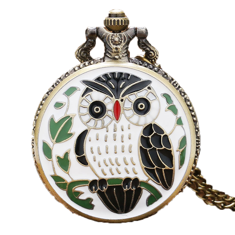 Bronze Small Animal Epoxy Cartoon Owl Painting Pocket Watch Quartz Clock Necklace Chain Relogio De Bolso Gifts for Men Women